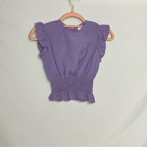 Pleat Adorable Purple Ruffle Sleeve Linen and Rayon Blouse Size 8